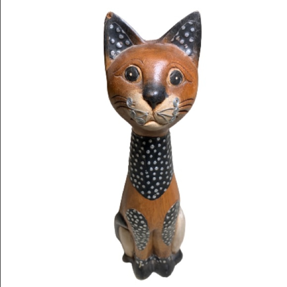 Vintage Wooden Cat Statue Metal Carved